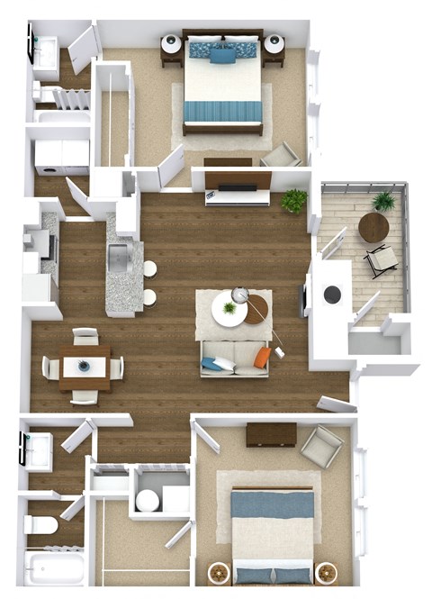 Floor plan for 2 beds, 2 baths, 1000 sqft